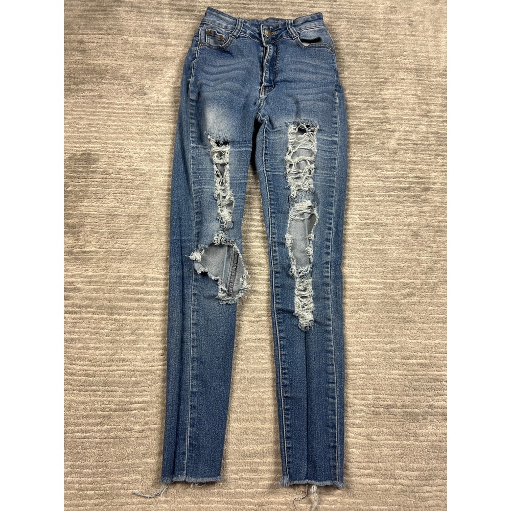 B.O.B. Jeans Skinny Jeans Womens 3/4 Blue Distressed High Rise Raw Hem Denim